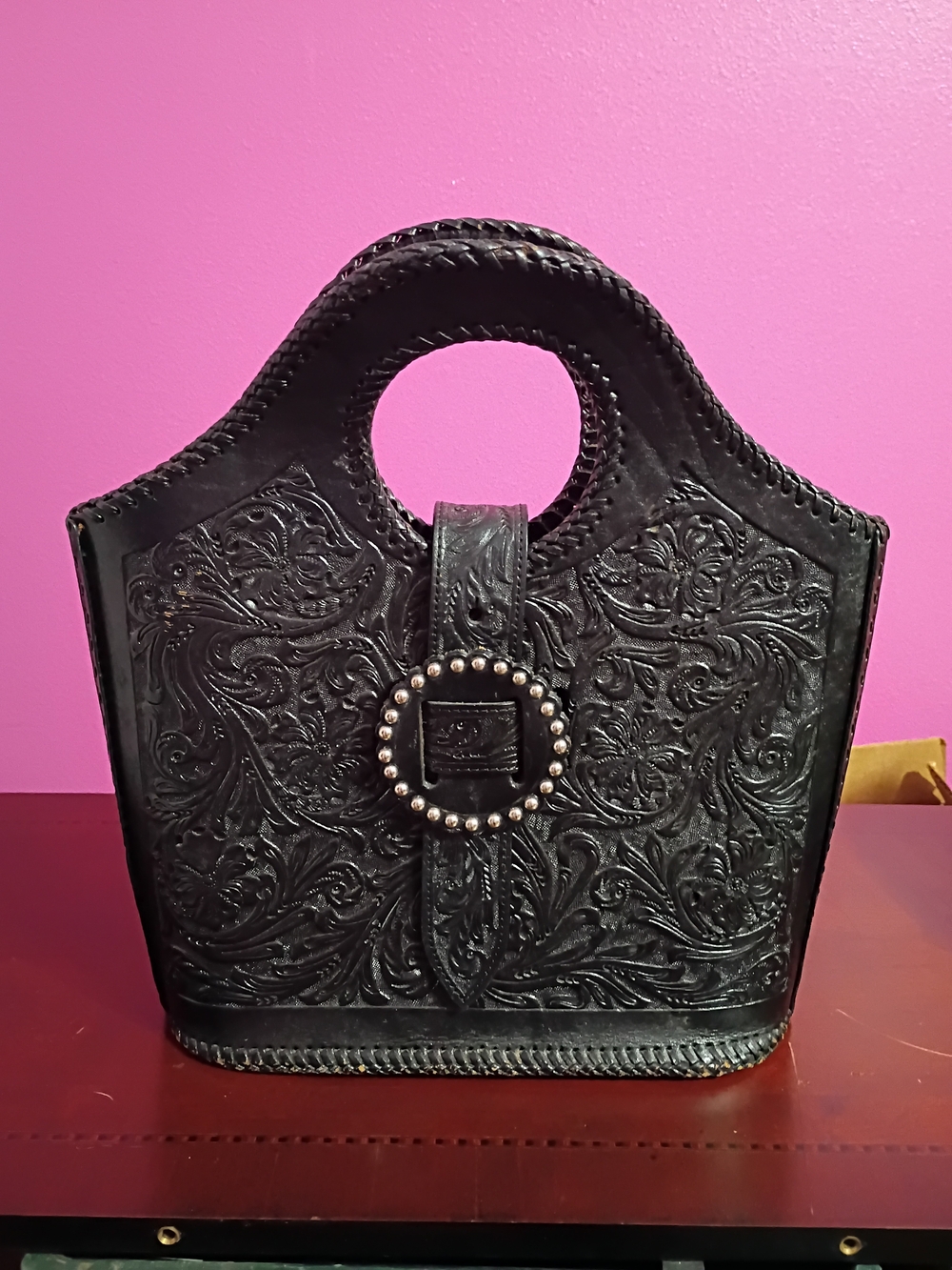 Black Tooled Leather Handbag with Stud Accent